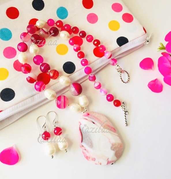 Elegant OOAK pearl pink agate gemstone handmade necklace set