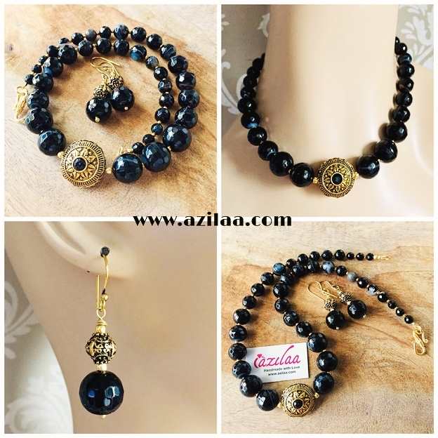 Ethnic Black agate gemstone handmade antique gold tone necklace