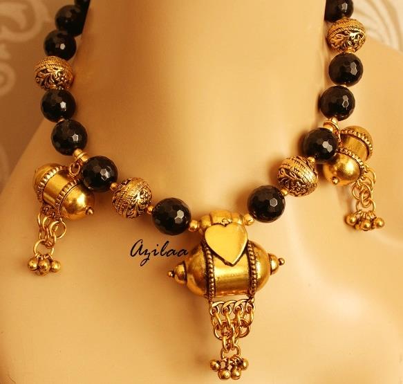 Ethnic Black gemstone necklace set,Antique gold tone necklace