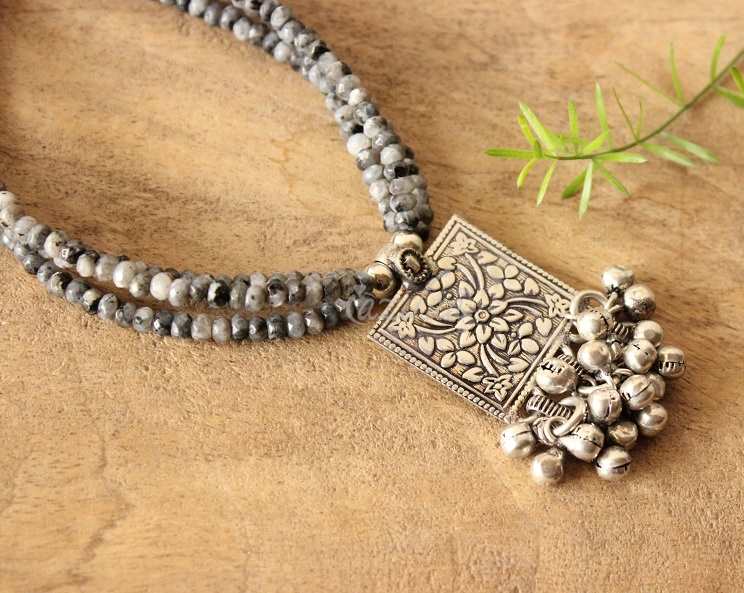 Ethnic Grey Black gemstone beaded handmade necklace 