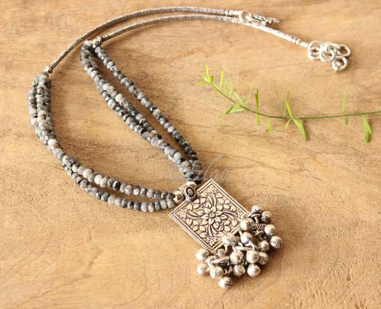 Ethnic Grey Black gemstone beaded handmade necklace 