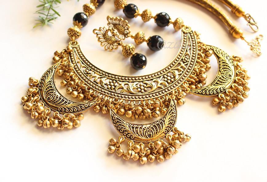 Ethnic Statement black gemstone antique gold tone necklace set