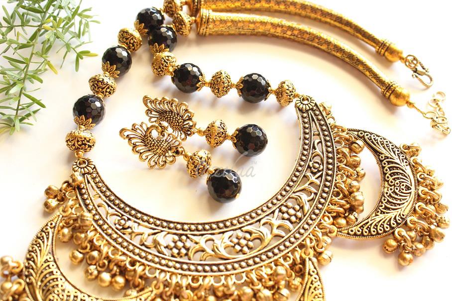 Ethnic Statement black gemstone antique gold tone necklace set