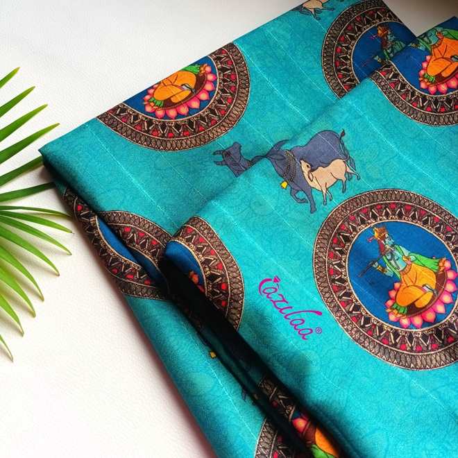 Ethnic Teal Krishna art Tusser silk scarf 1