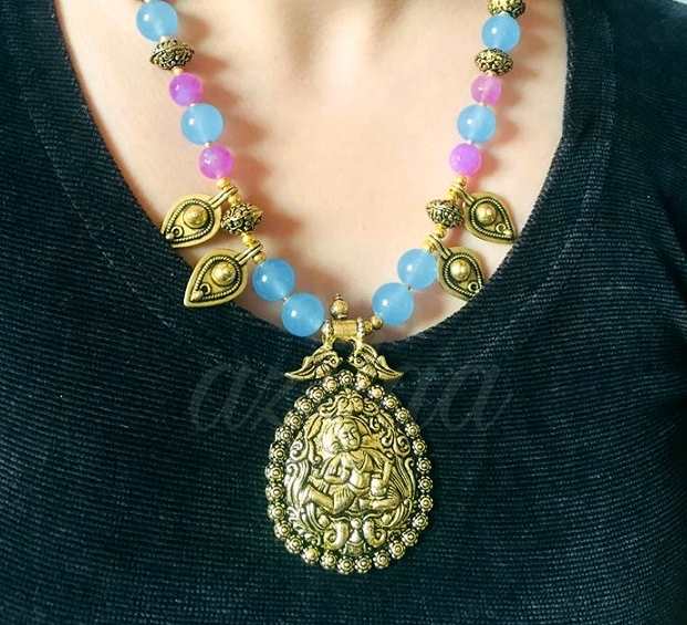 Ethnic blue lavender pink gemstone beaded necklace set