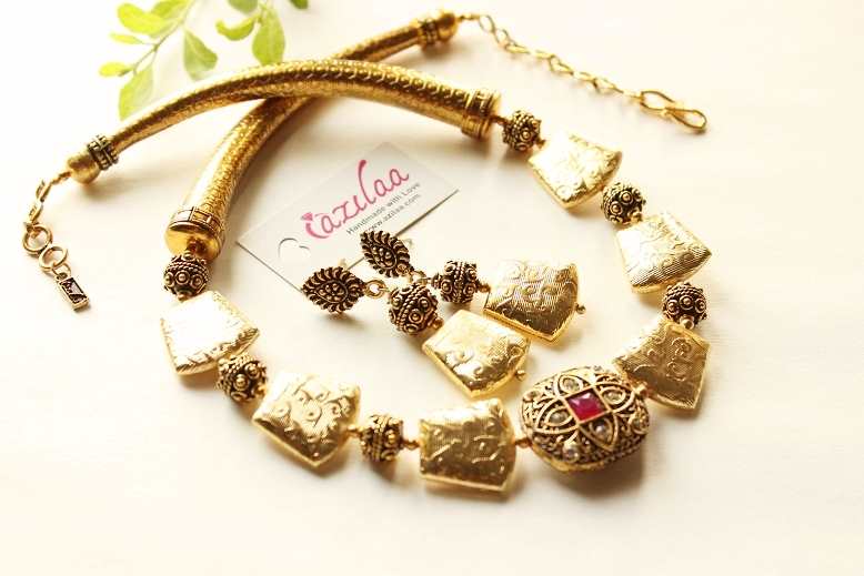 Ethnic choker beaded antique golden necklace earrings set