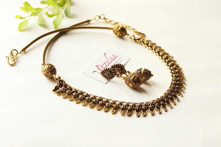 Ethnic choker beaded antique golden necklace earrings set