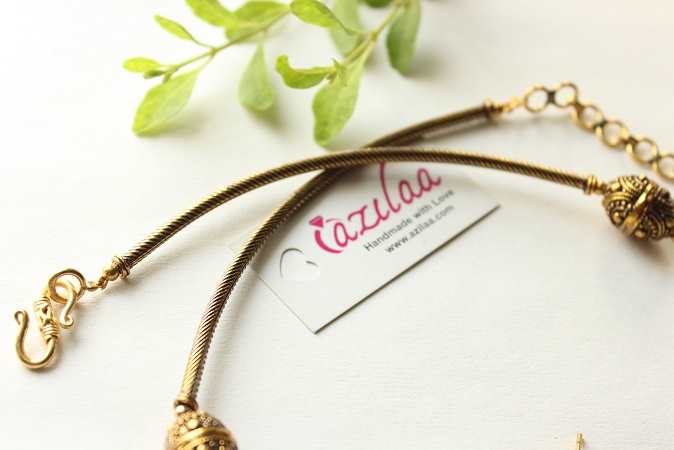 Ethnic choker beaded antique golden necklace earrings set