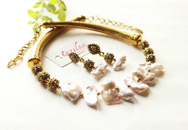 OOAK pearl choker beaded antique golden necklace earrings set