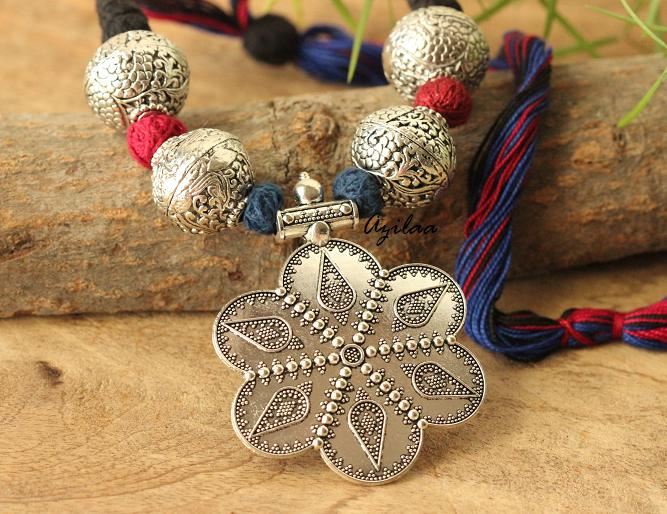 Tribal Ethnic oxidized silver plated thread handmade necklace set