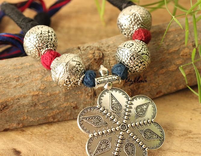 Tribal Ethnic oxidized silver plated thread handmade necklace set