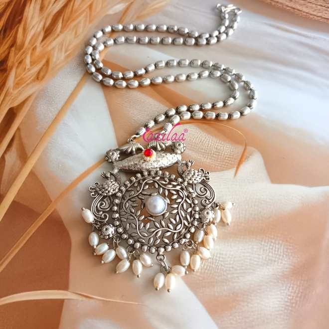 Ethnic style Navratri antique silver plated pendant