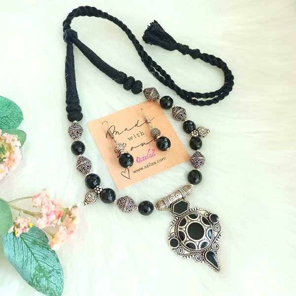 Ethnic style black onyx necklace earrings set