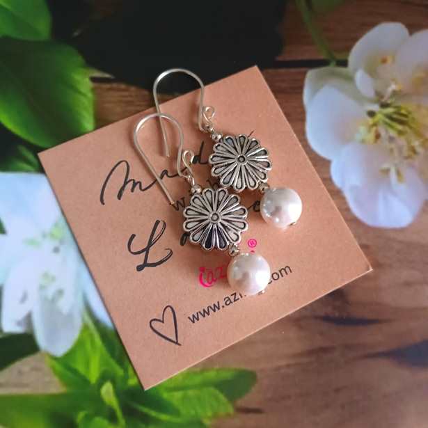 Flower charm pearl gemstone antique silver tone earrings
