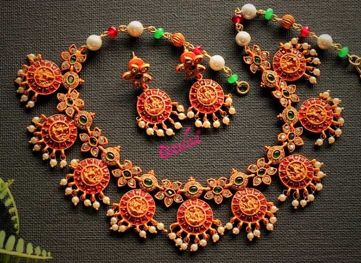 Floral CZ antique golden maroon green gemstone set