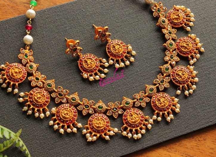 Floral CZ antique golden maroon green gemstone set