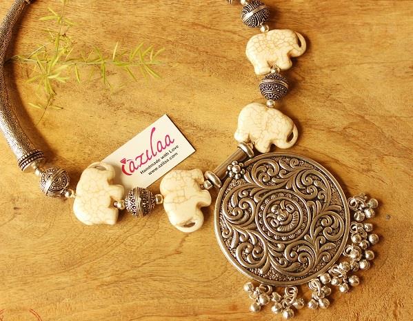 Ganesha antique silver tone gemstone Elephant necklace set