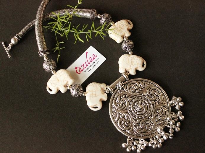 Ganesha antique silver tone gemstone Elephant necklace set
