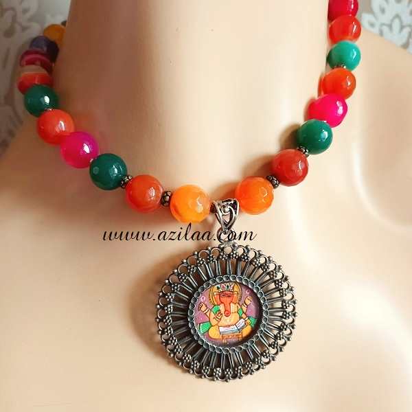  Ganesha multi gemstone sterling silver Gemstone necklace set