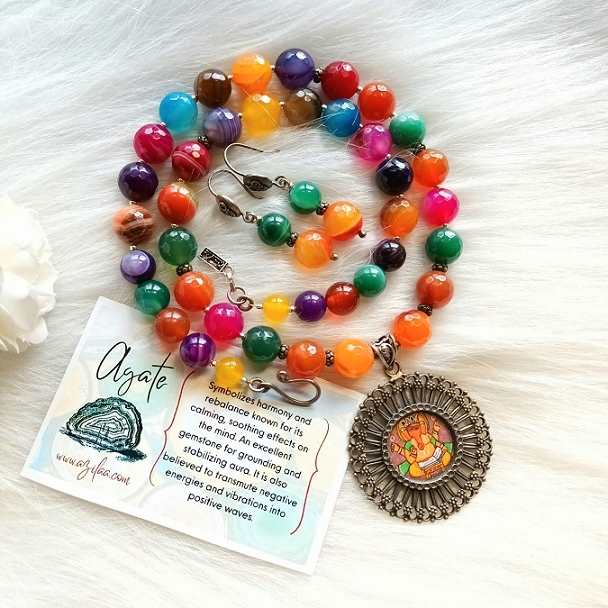  Ganesha multi gemstone sterling silver Gemstone necklace set