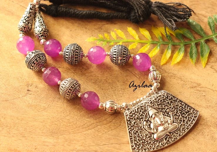 Ganesha purple handmade Gemstone Necklace earring set