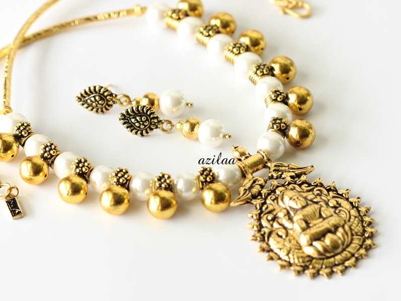 Goddess Laxmi antique gold tone pearl necklace earrings set