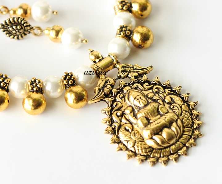 Goddess Laxmi antique gold tone pearl necklace earrings set