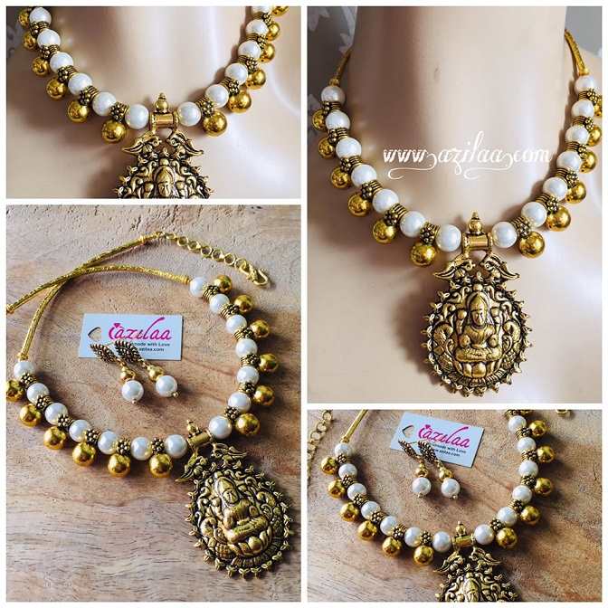 Goddess Laxmi antique gold tone pearl necklace earrings set