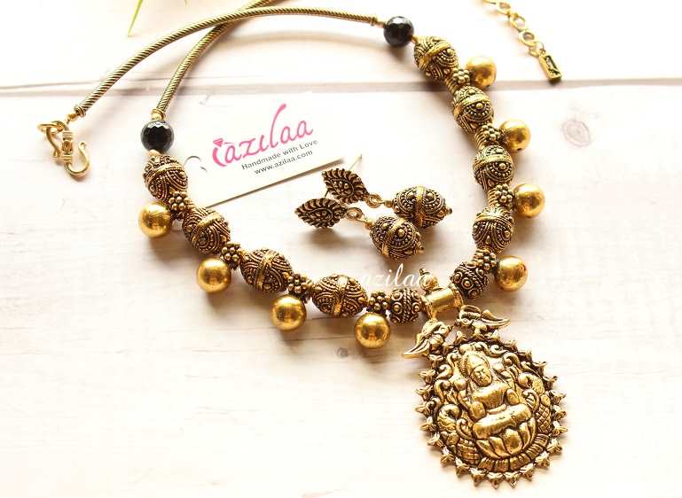 Goddess Laxmi  beaded antique golden necklace earrings set