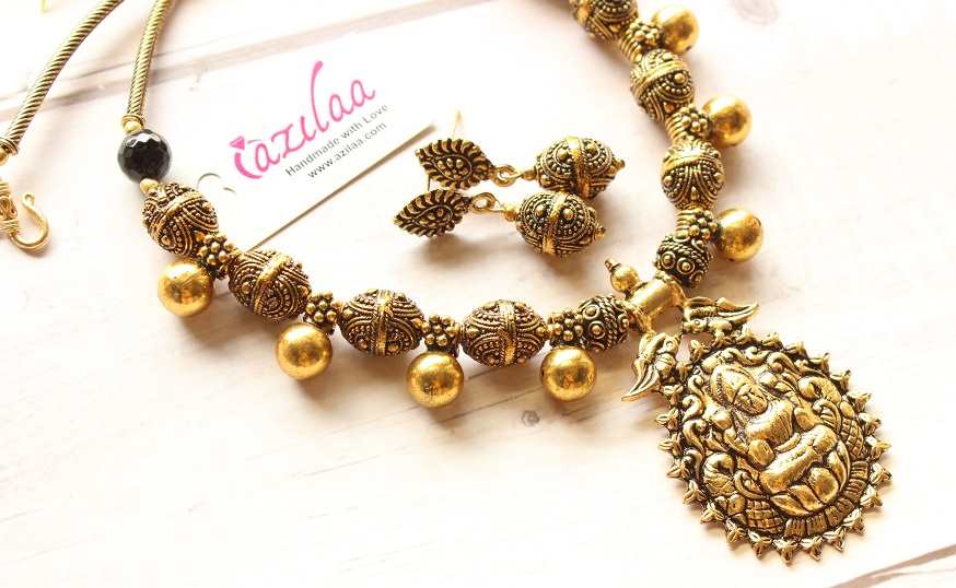Goddess Laxmi  beaded antique golden necklace earrings set