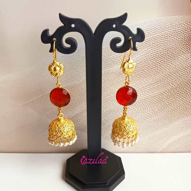  Golden Red Jhumki dangler bridal pearl earrings