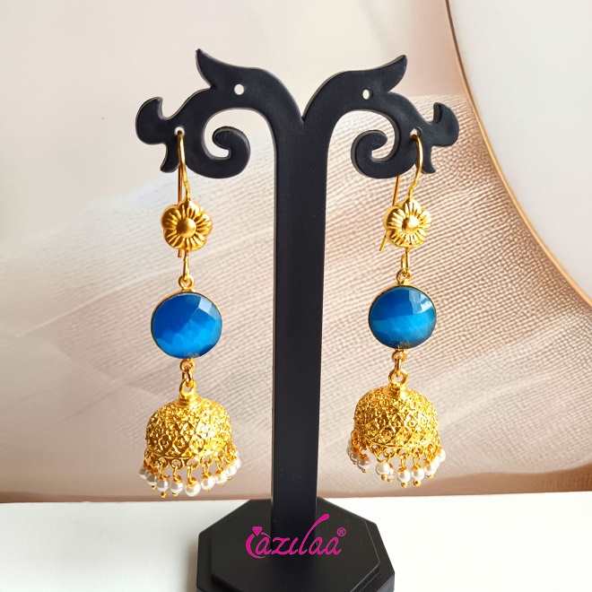  Golden blue Jhumki dangler bridal pearl earrings