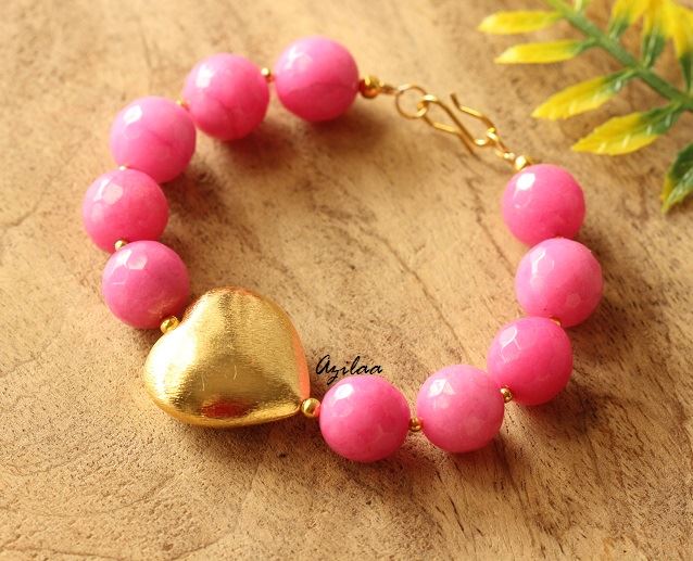 Golden heart Valentine Pink gemstone handmade bracelet