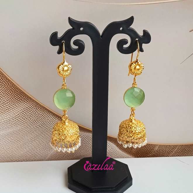  Golden pastel green Jhumki dangler bridal pearl earrings