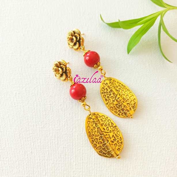 Gorgeous red flower pearl antique golden earrings