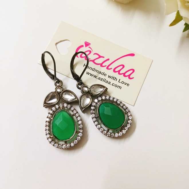 Green CZ studded dangler drop earrings