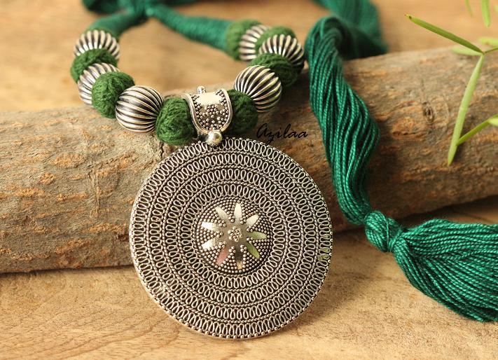 Green Ethnic oxidized silver plated thread handmade necklace set