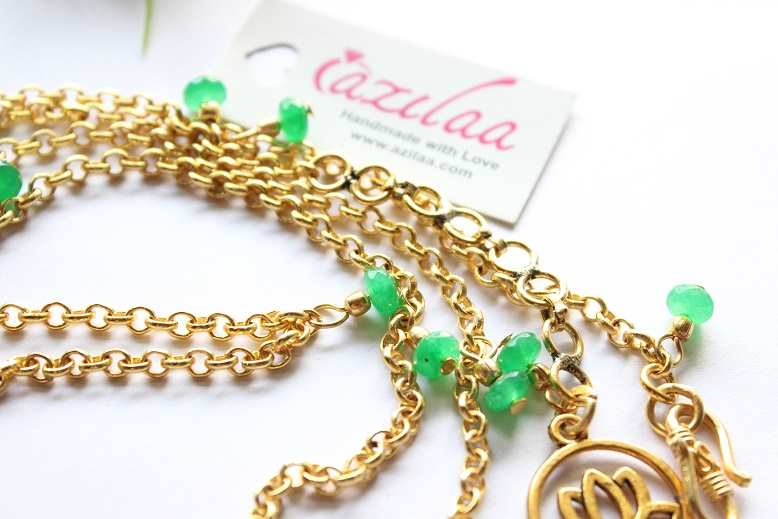 Lotus charm Green gemstone gold plated waist chain
