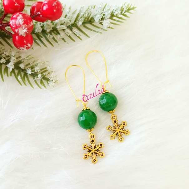 Green gemstone snowflakes antique golden earrings