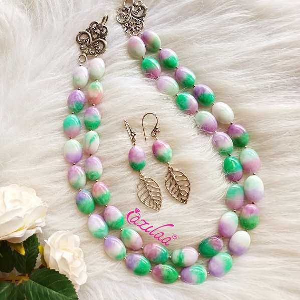 Lavender green layered designer gemstone necklace set