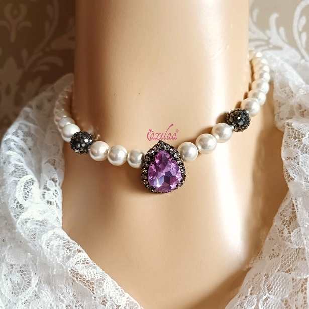 Light purple crystal pendant choker pearl necklace earrings