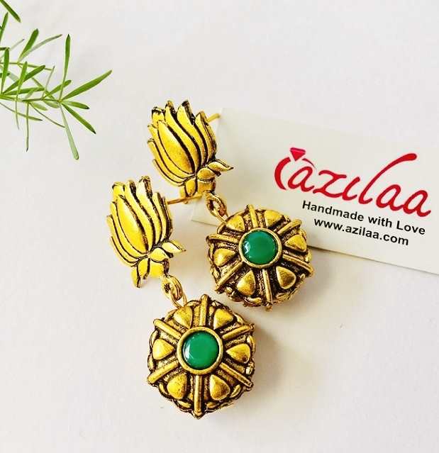 Lotus Antique green Golden handmade earrings