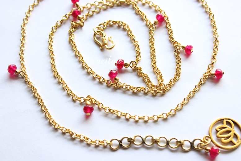 Lotus charm Maroon gemstone gold plated waist chain