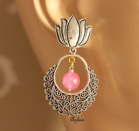 Lotus pink gemstone designer silver plated earrings