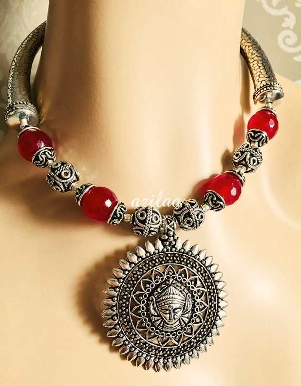 Maa Durga gemstone handmade maroon necklace set