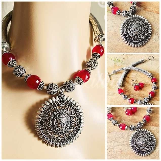 Maa Durga gemstone handmade maroon necklace set