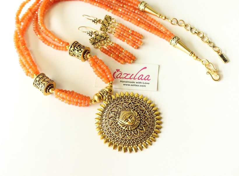 Maa Durga orange gemstone handmade necklace set