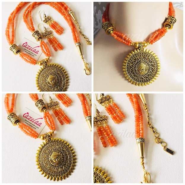Maa Durga orange gemstone handmade necklace set