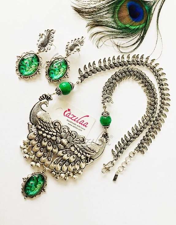 Majestic Peacock green Statement handmade necklace set