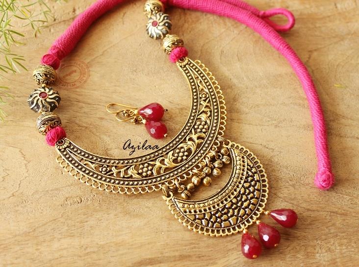 Maroon statement ethnic antique gold tone necklace earrings set